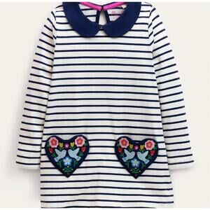 Mini Boden Navy White Stripe Heart Pocket Birds Peter Pan Collar Dress Girl sz 7